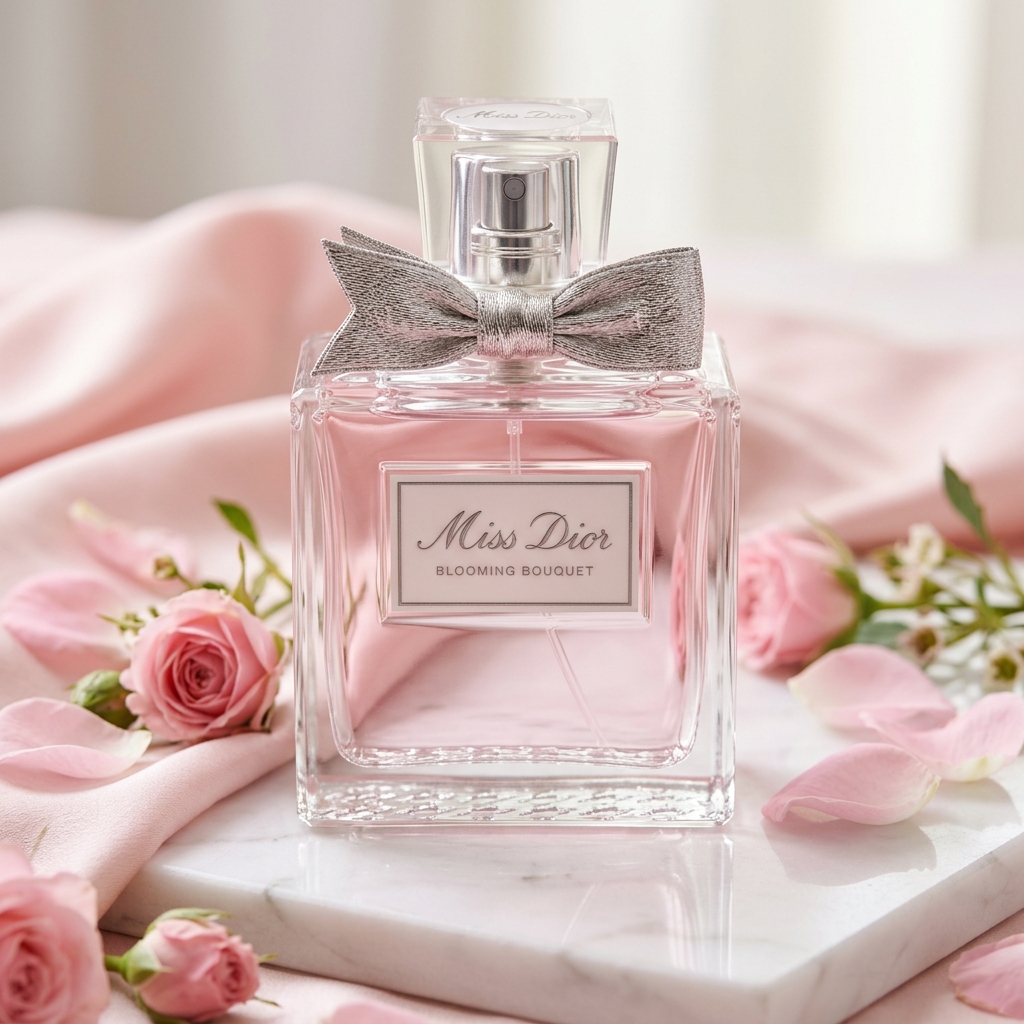 Chai Miss Dior hồng dịu giữa hoa hồng và lụa mềm